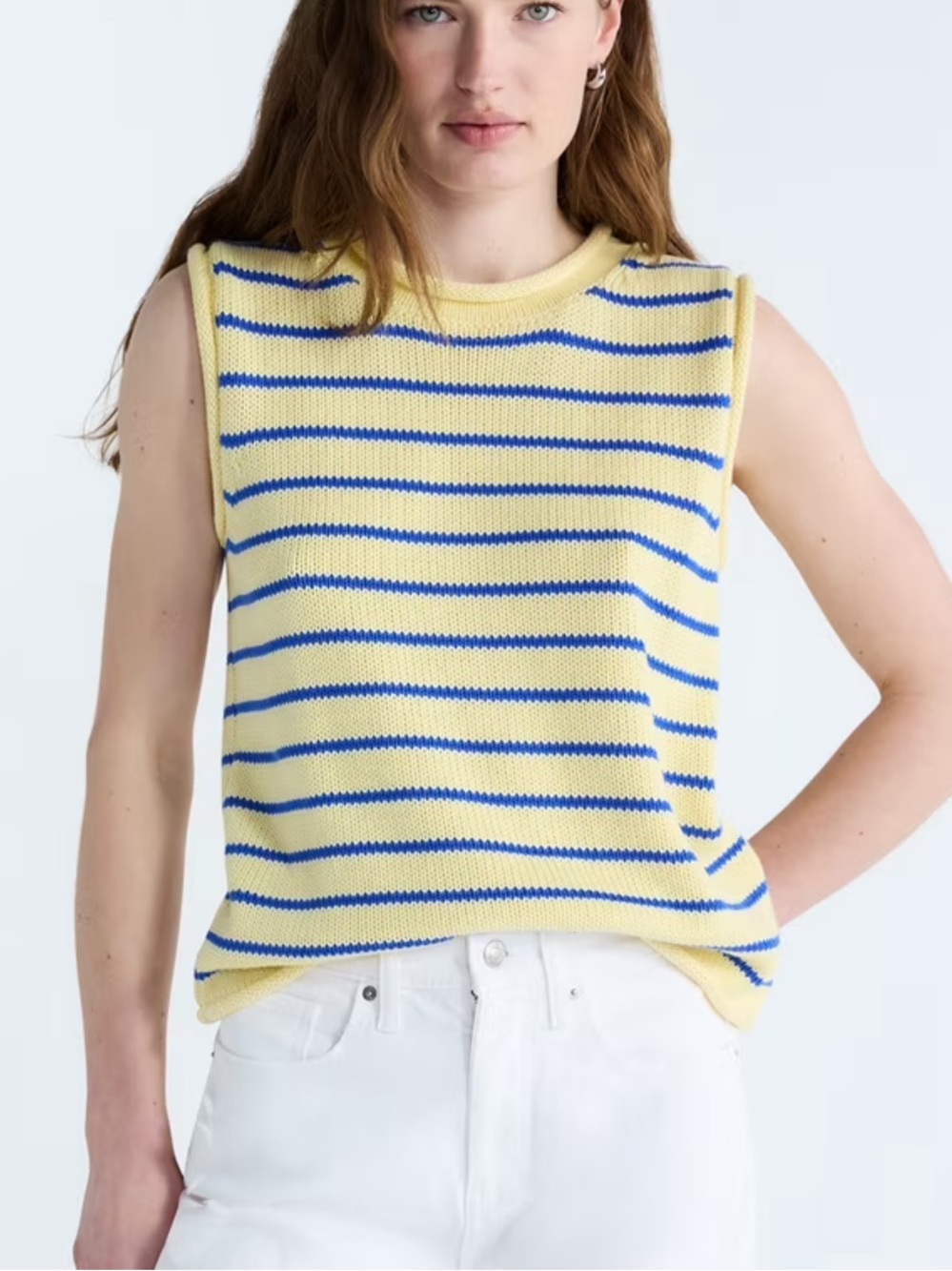 FREE ASSEMBLY WOMENS ROLLNECK COTTON BLUE YELLOW STRIPE SLEEVELESS SWEATER XXL